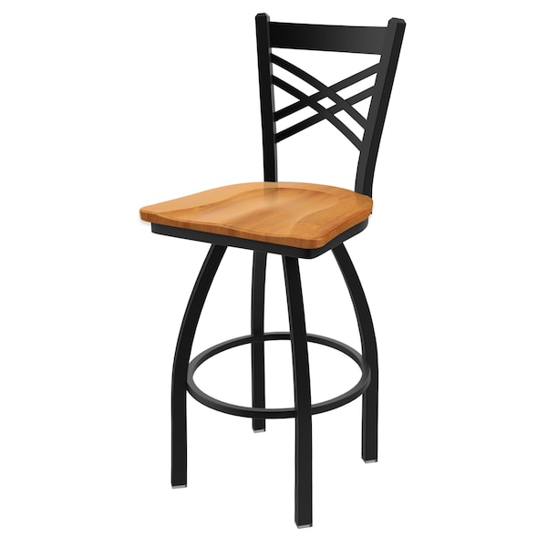 25" Swivel Counter Stool, Black Wrinkle, Med Maple Seat